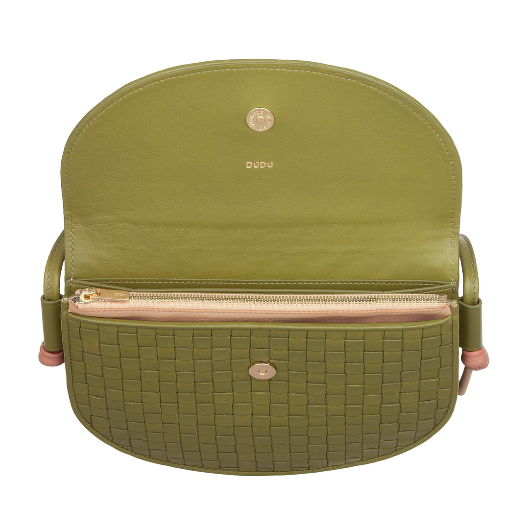 DUDU lille vævet skuldertaske i ægte læder med klap - Elegant håndlavet skuldertaske til kvinder, alsidig crossbody-håndtaske til daglig brug og begivenheder