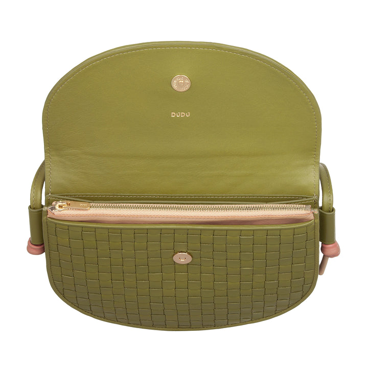DUDU lille vævet skuldertaske i ægte læder med klap - Elegant håndlavet skuldertaske til kvinder, alsidig crossbody-håndtaske til daglig brug og begivenheder