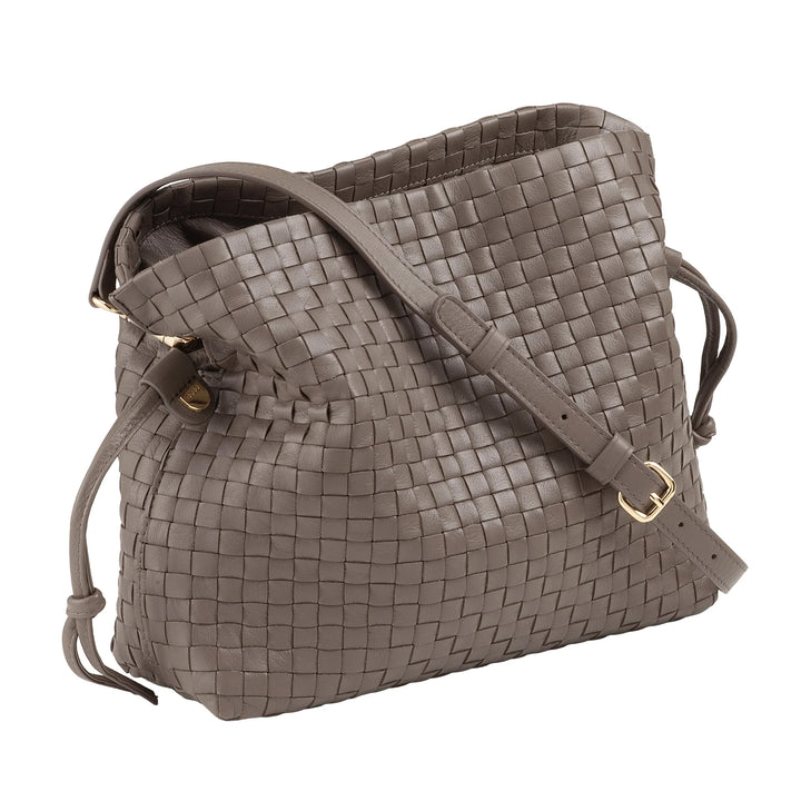 DUDU Damen-Umhängetasche aus gewebtem Leder mit Kordelzug, weich und geräumig, verstellbarer Schultergurt, Magnetverschluss, eleganter und handwerklicher Stil
