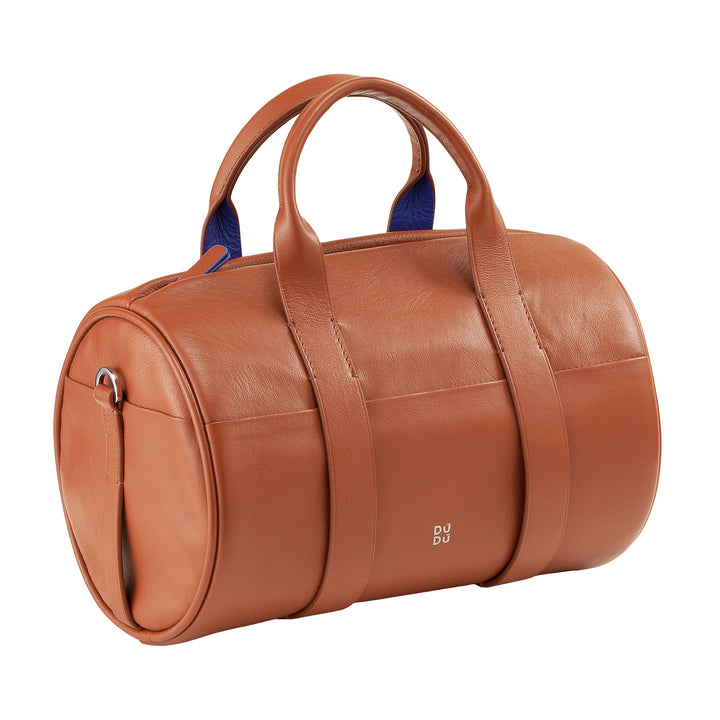 DUDU Women's Bag with real leather cylinder, cylindrical soft bag, barrel bag with shoulder strap and two handles, colorful elegant design