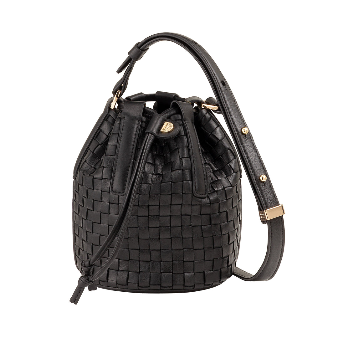 DUDU Bucket Bag i vævet læder - lille håndtaske til kvinder med justerbar skulderrem, snøre og indvendig clutch, elegant og håndværk