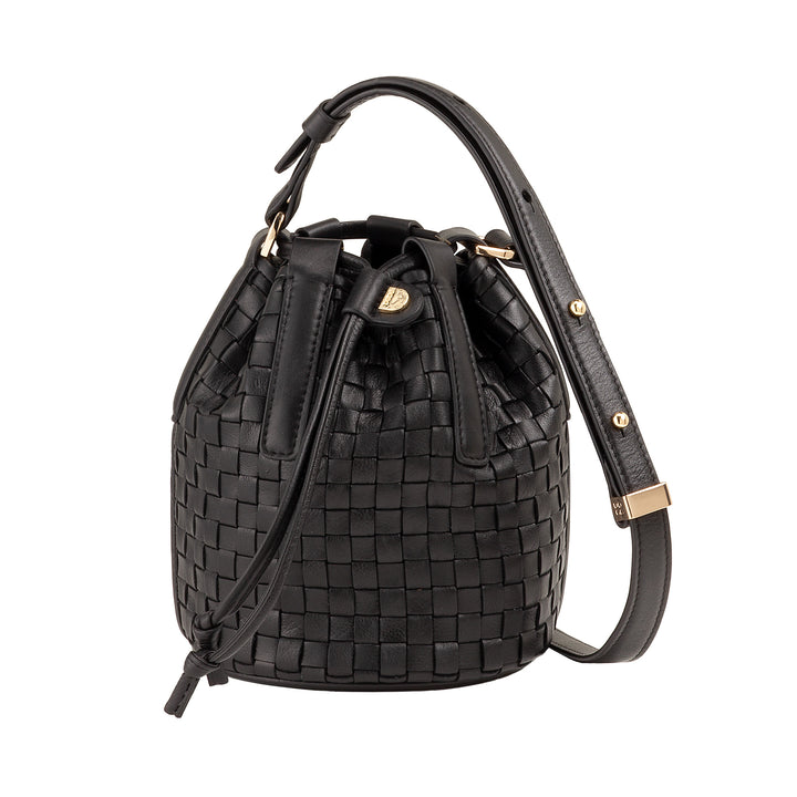 DUDU Bucket Bag i vævet læder - lille håndtaske til kvinder med justerbar skulderrem, snøre og indvendig clutch, elegant og håndværk