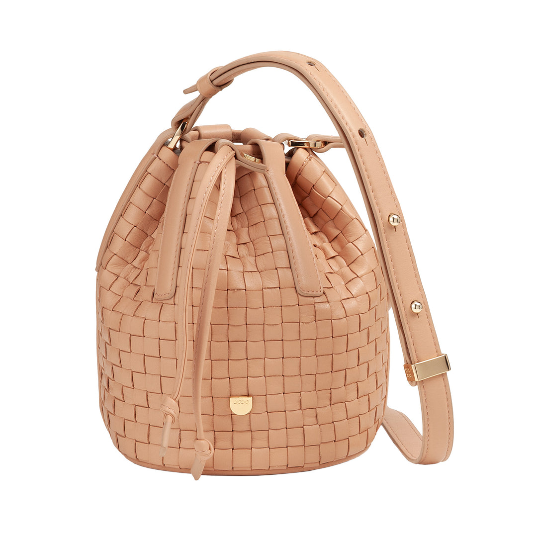 DUDU Woven Leather Bucket Bag - Liten handväska för kvinnor med justerbar axelrem, dragsko och invändig koppling, elegant och hantverk