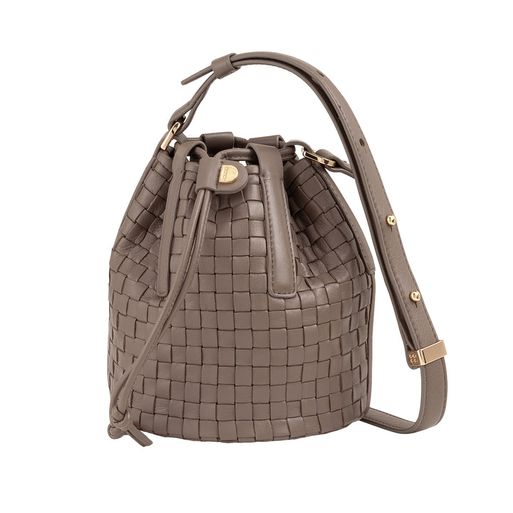 DUDU Bucket Bag i vævet læder - lille håndtaske til kvinder med justerbar skulderrem, snøre og indvendig clutch, elegant og håndværk