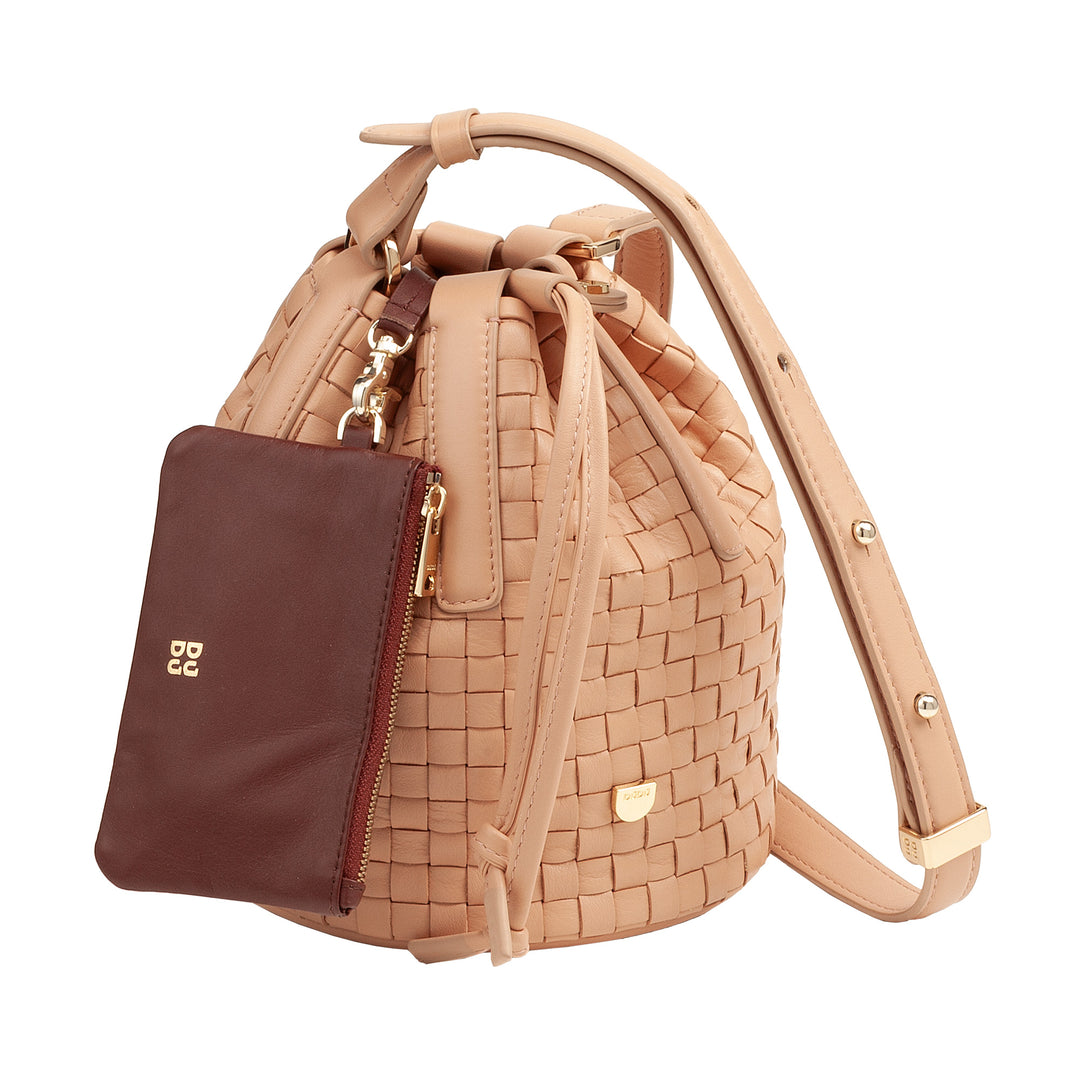 DUDU Woven Leather Bucket Bag - Liten handväska för kvinnor med justerbar axelrem, dragsko och invändig koppling, elegant och hantverk