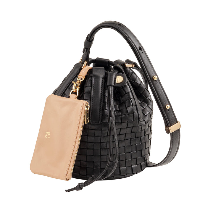 DUDU Bucket Bag i vævet læder - lille håndtaske til kvinder med justerbar skulderrem, snøre og indvendig clutch, elegant og håndværk