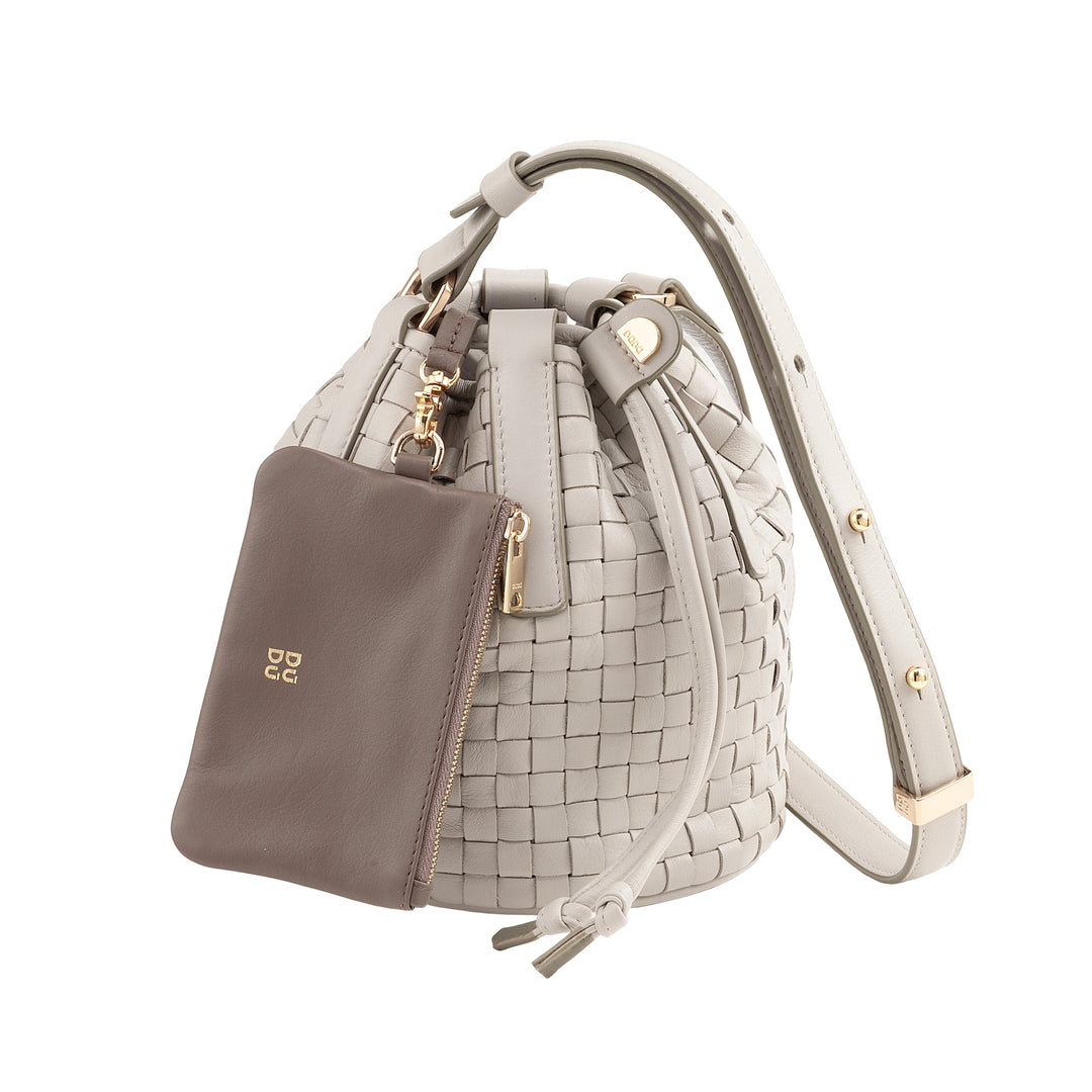 DUDU Beuteltasche aus gewebtem Leder – kleine Damenhandtasche mit verstellbarem Schultergurt, Kordelzug und interner Clutch, elegant und handwerklich