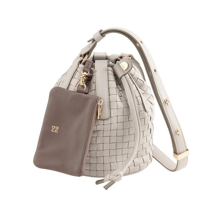 DUDU Beuteltasche aus gewebtem Leder – kleine Damenhandtasche mit verstellbarem Schultergurt, Kordelzug und interner Clutch, elegant und handwerklich