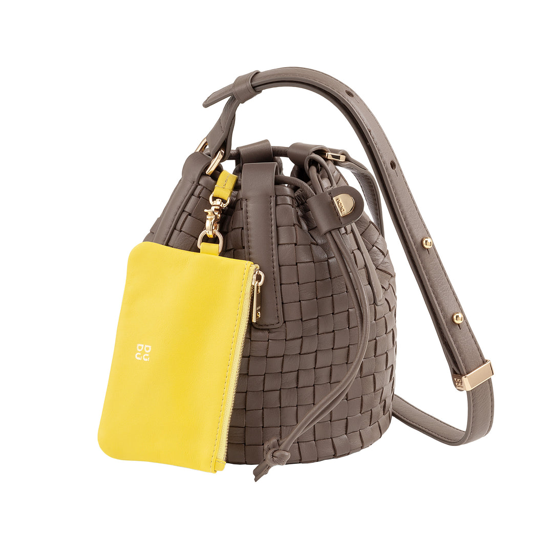 DUDU Bucket Bag i vævet læder - lille håndtaske til kvinder med justerbar skulderrem, snøre og indvendig clutch, elegant og håndværk