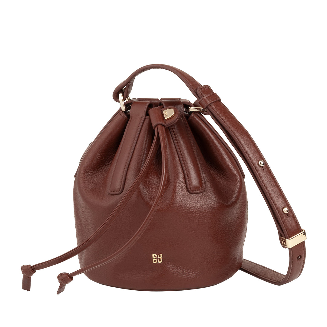 DUDU small women's bucket in real leather with adjustable shoulder strap and coulisse closure - elegant and compact shoulder bag with cord, perfect for daily use