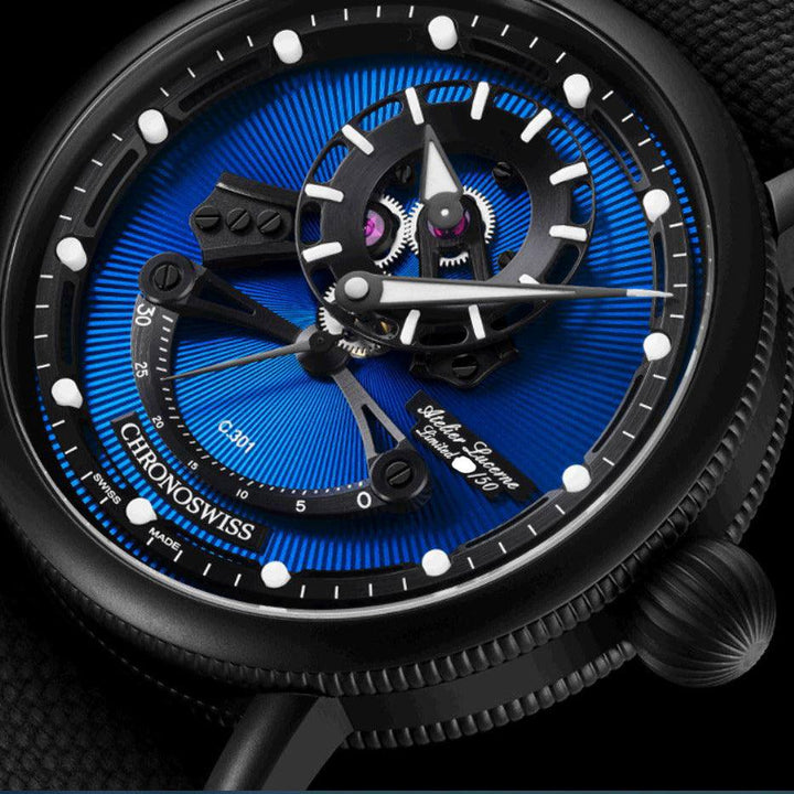 Chronoswiss orologio Open Gear Resec Blue On Black Limited Edition 50pezzi 44mm blu automatico acciaio finitura DLC nero CH-6925M-EBBK - Capodagli 1937