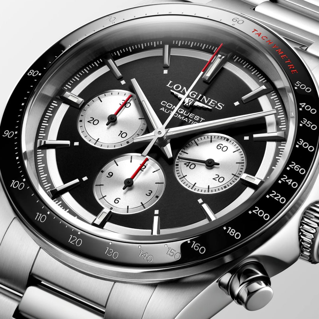 Longines Conquest Chronograph 42 mm sort automatisk stålur L3.835.4.52.6