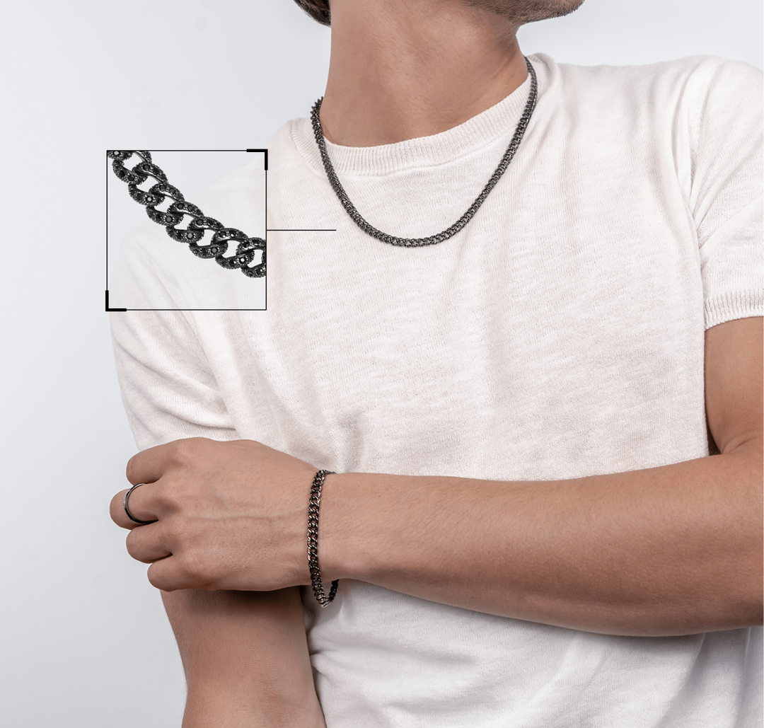 Comete Necklace in 925‰ ruthenium silver, black pvd steel, black zircons UGL767
