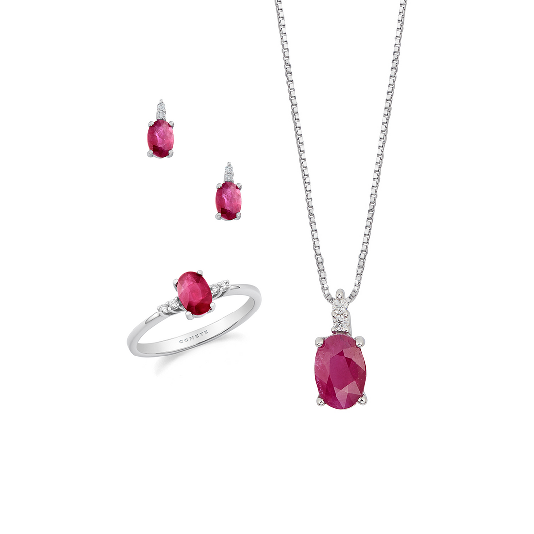 Comete Halskæde, ring og øreringe Guld og hvide diamanter, oval rubin KIT165726871104