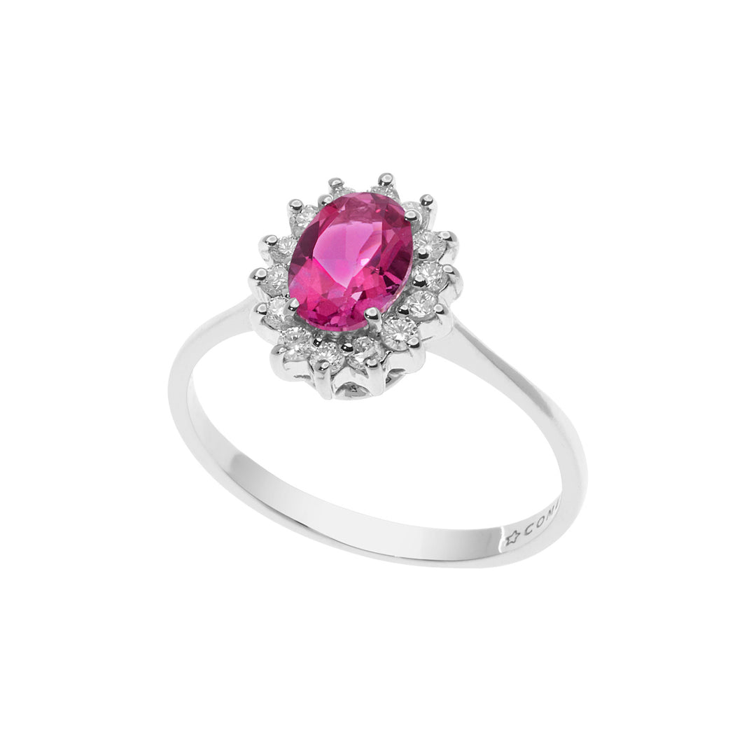 Comete guldring med diamanter og pink topaz oval ANB2593