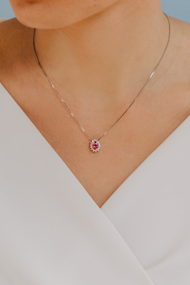 Comete halskæde i guld, diamanter og oval pink topaz GLB1579