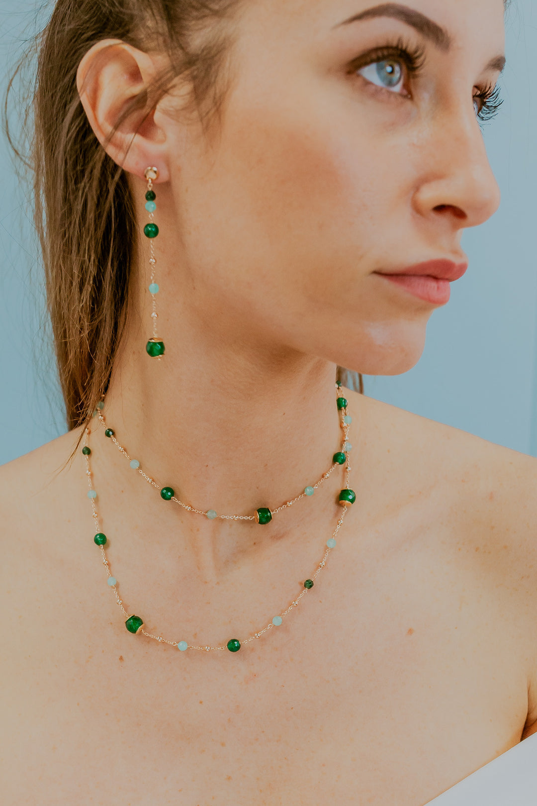 Comete 925‰ Silberhalskette mit farbigem Achat, Jade und Quarz GLA270