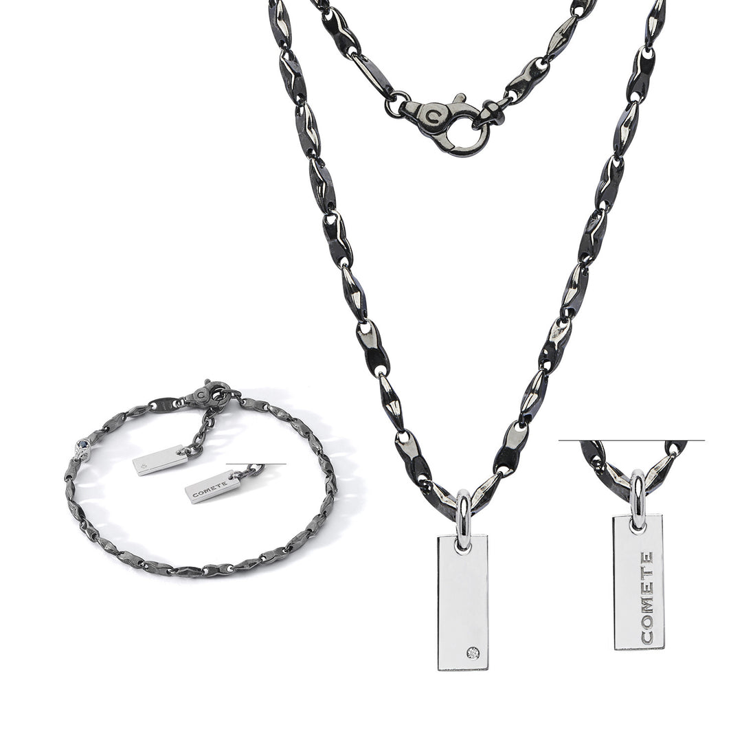 Comete armbånd og halskæde i poleret og poleret sølv, diamant og sorte spineller KIT7511259