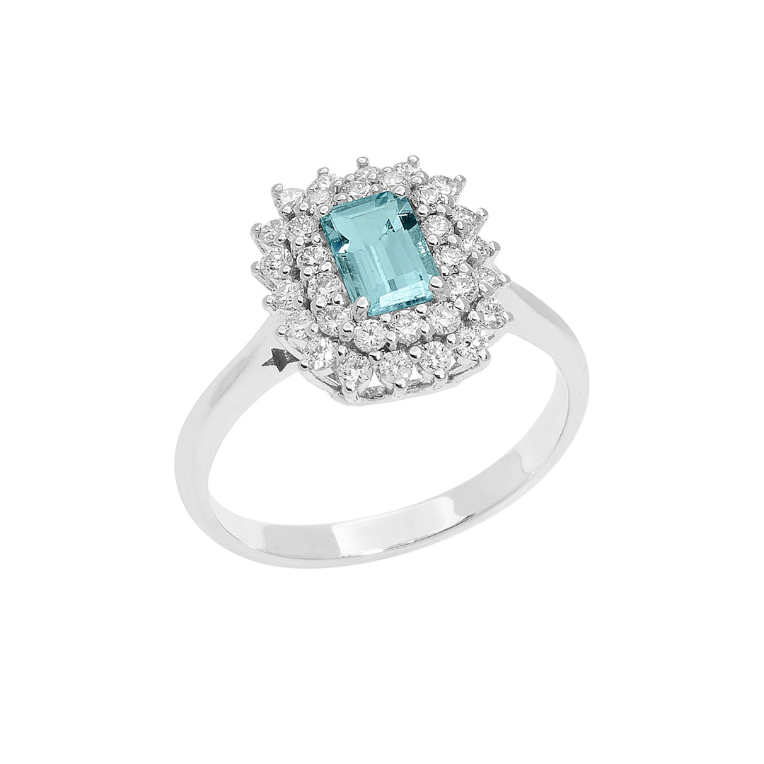 Comete guldring med diamanter og ottekantet akvamarin ANQ324