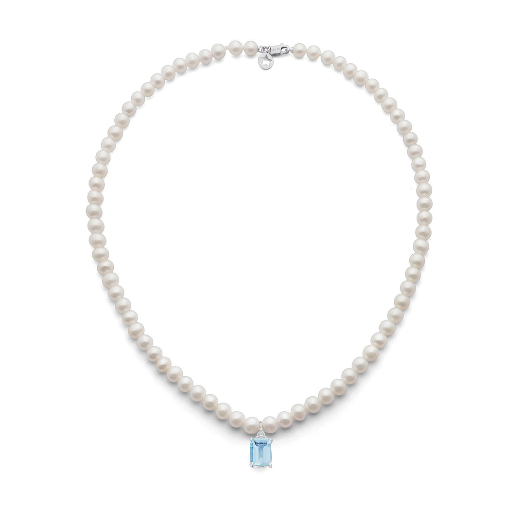 Comete Necklace Pearls in Gold and Diamond and Octagonal Aquamarine FWQ379