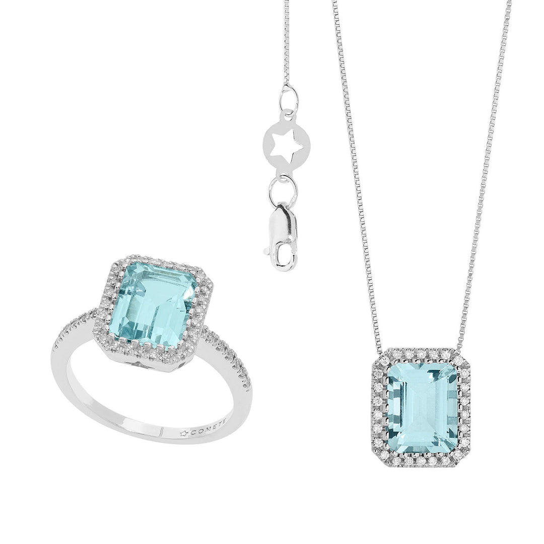 Comete Halskette und Ring aus Golddiamanten und achteckigem Aquamarin KIT303339