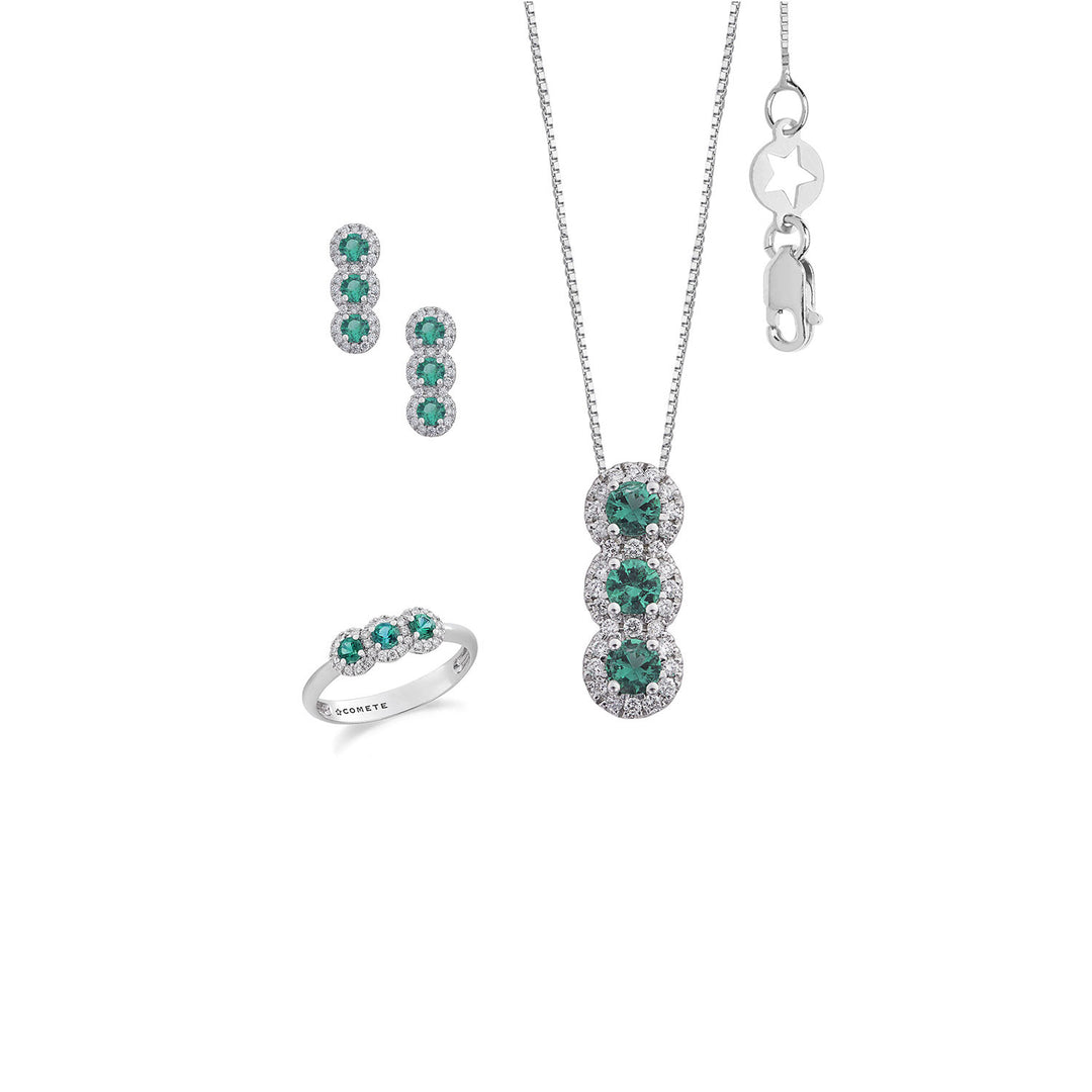 Comete Ring, Necklace and Earrings Trilogy with Emerald in Gold and White Diamonds KIT169627291139
