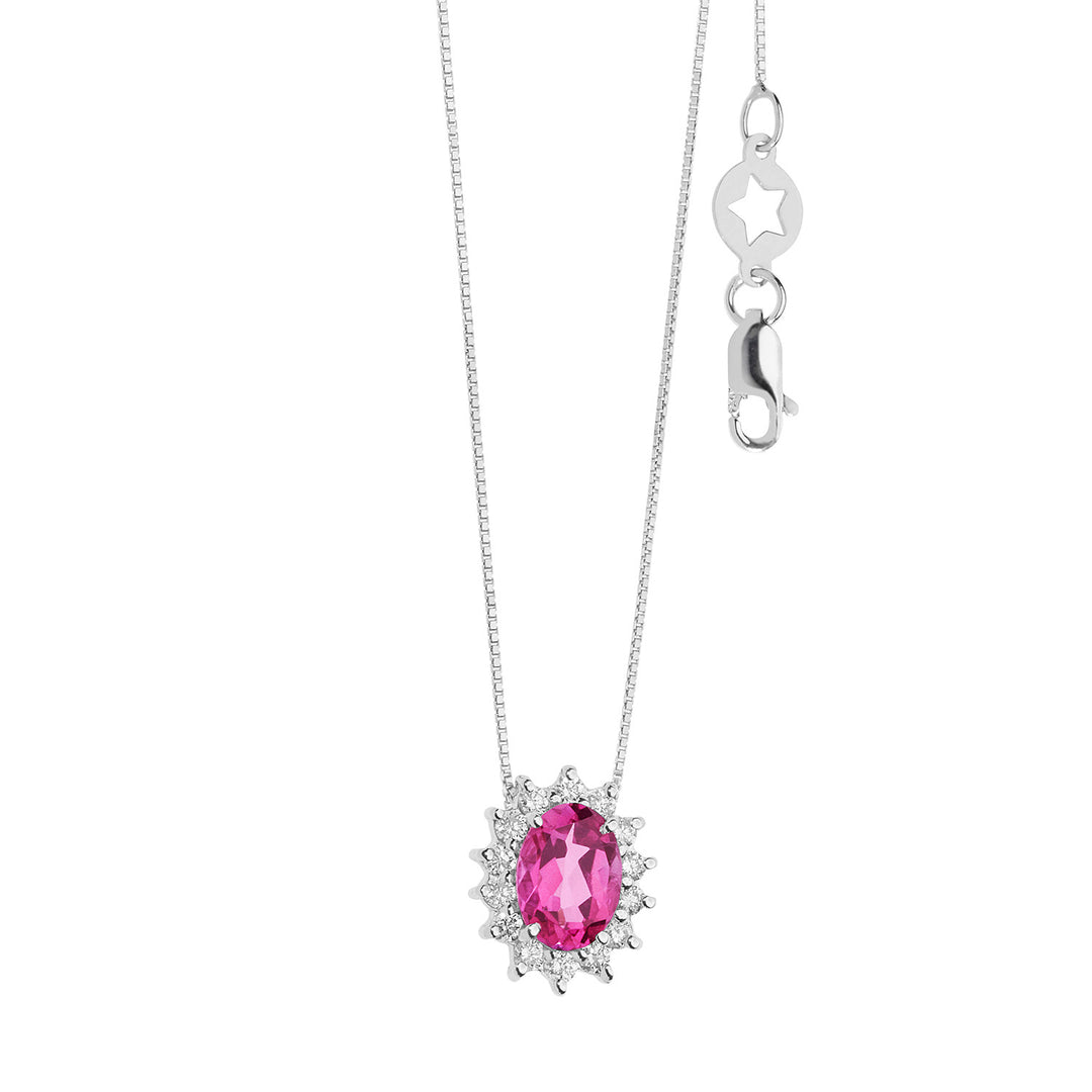 Comete halskæde i guld, diamanter og oval pink topaz GLB1579