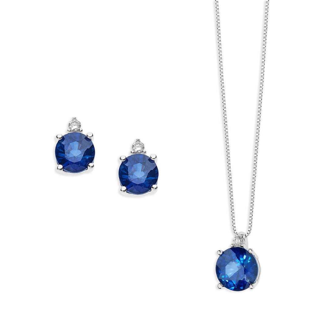 Comete Halskette und Ohrringe Geschichte des Lichts in Gold Runde blaue Diamanten und Saphire KIT1388880