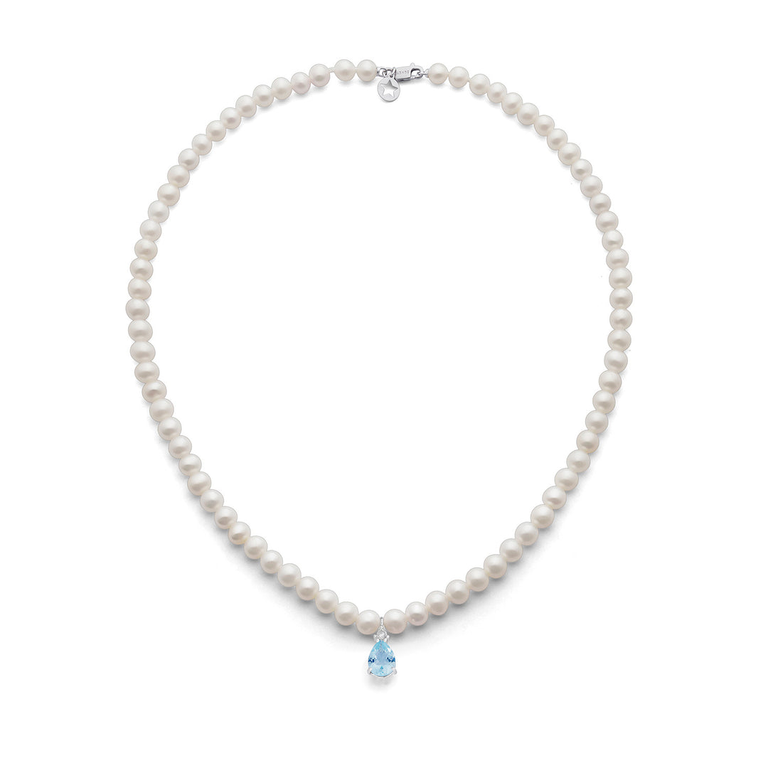 Comete Choker Necklace Pearls in Gold and Diamond and Aquamarine drop FWQ378
