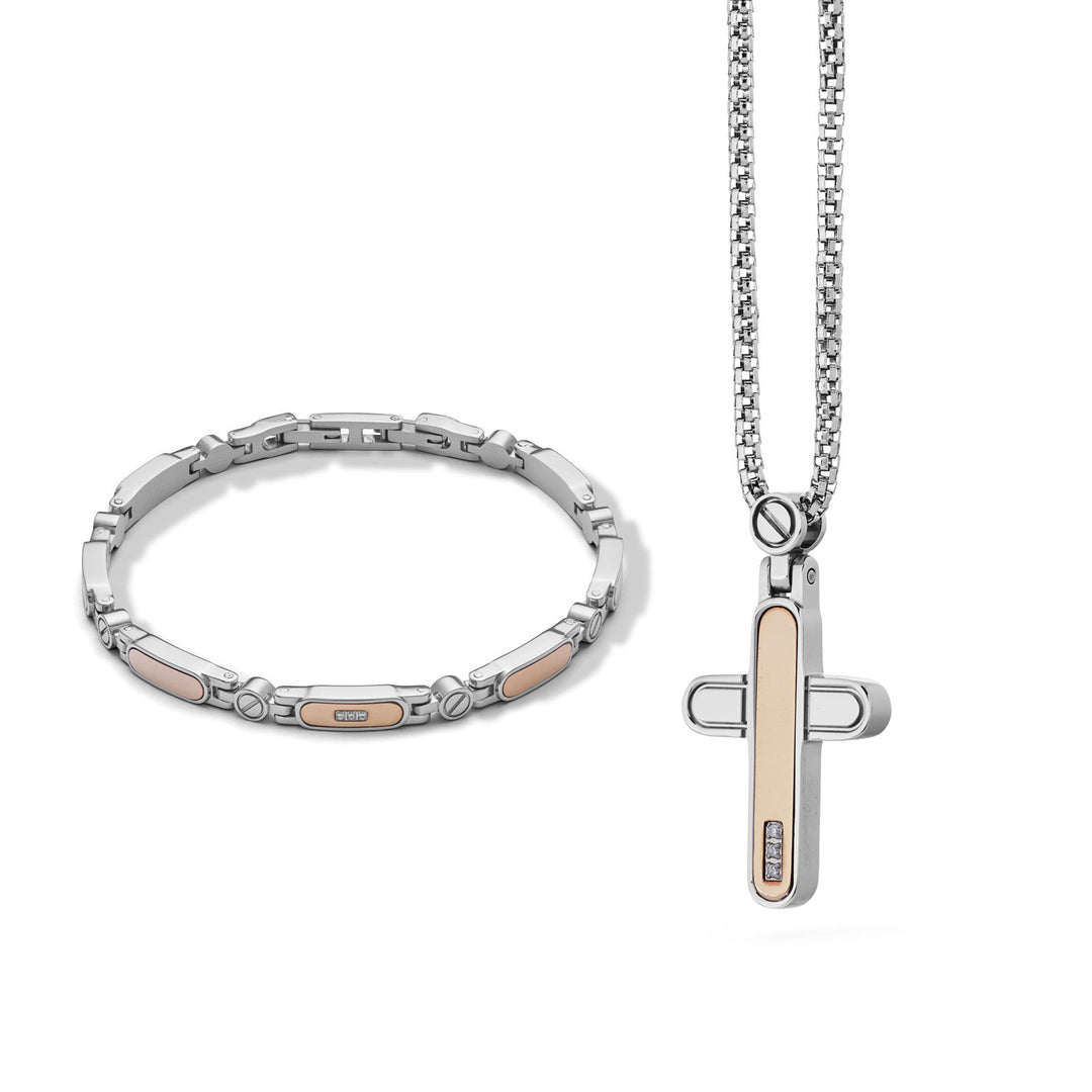 Comete Senior Necklace and Bracelet in polished Steel, rosé PVD and Diamonds KIT7011009