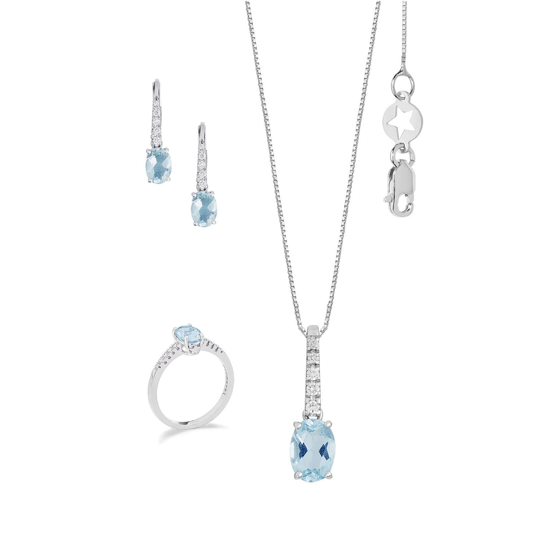 Ovaler Aquamarin-Ring, Halskette und Ohrringe von Comete aus Gold und Diamanten KIT317352277