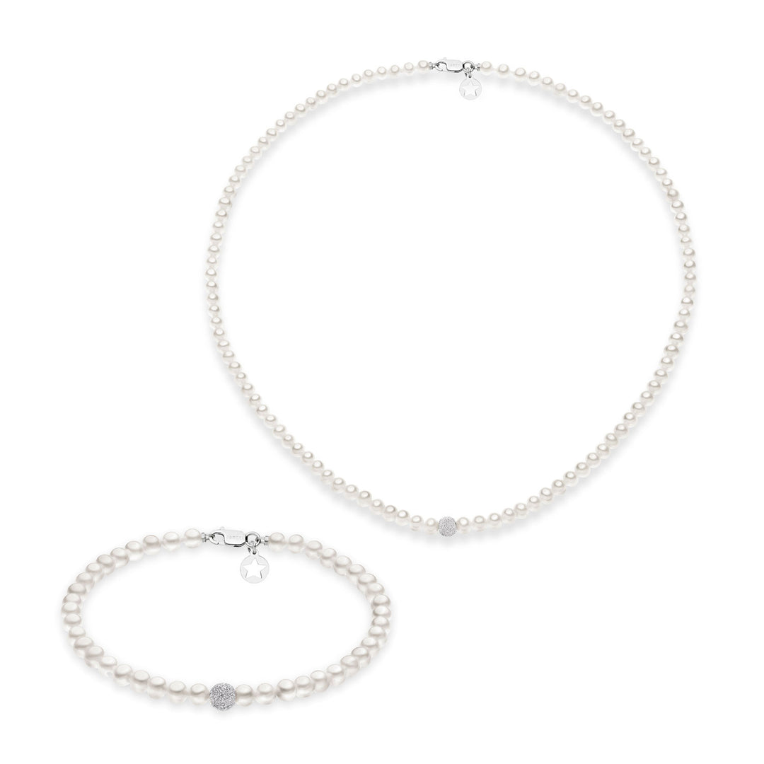 Comete Halskette und Armband mit Süßwasserperlen in Gold und Diamantkugel KIT196196