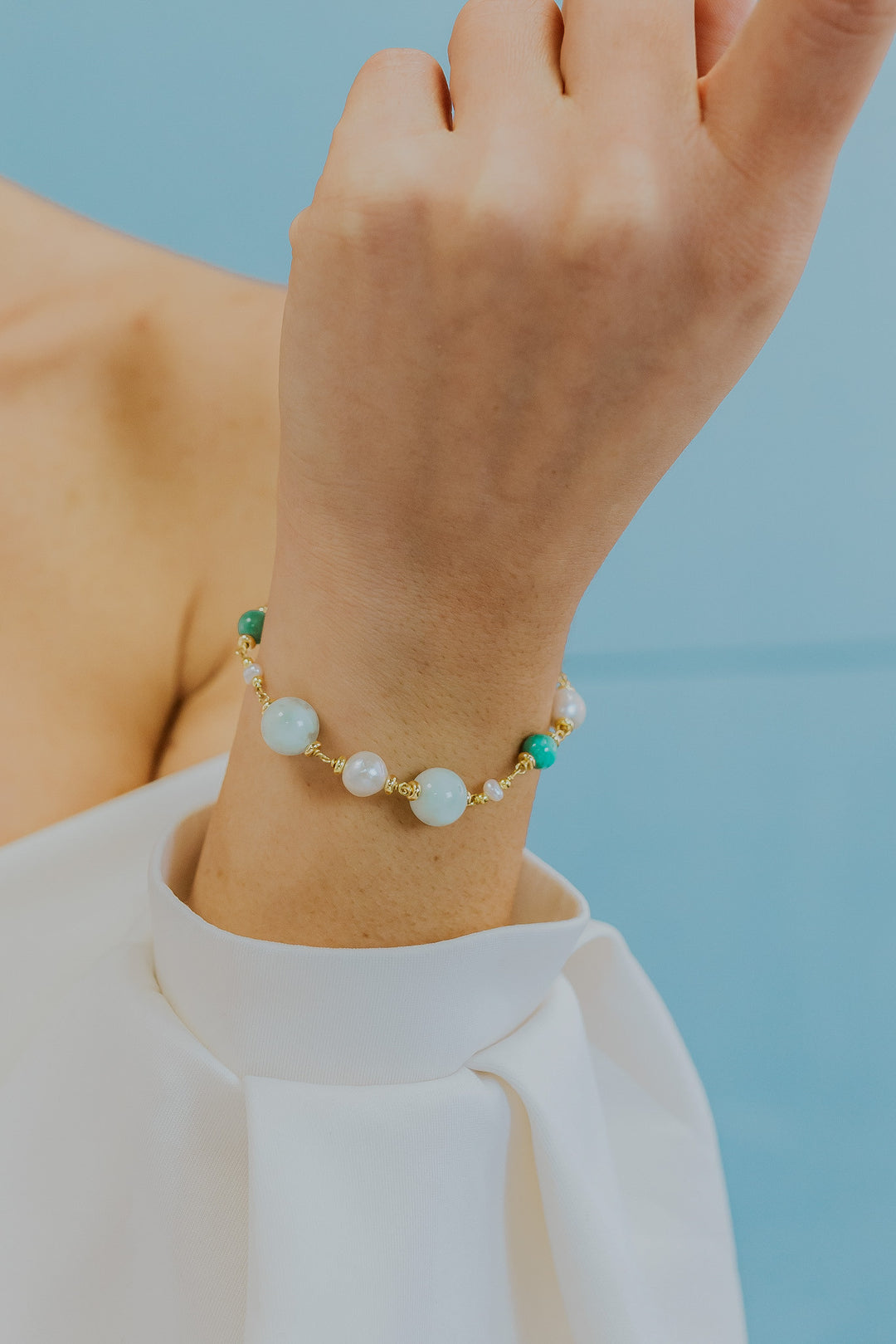 Comete-Armband 925‰ Silber mit Acquadolce-Perlen, farbige Jade, Angelite BRA279