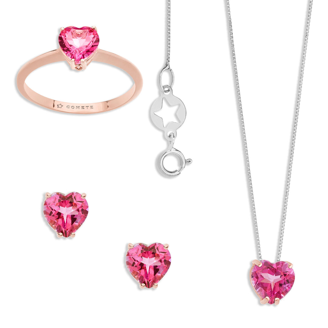 Comete halskæde, ring og øreringe i rosa guld og pink topazhjerte KIT154825451015