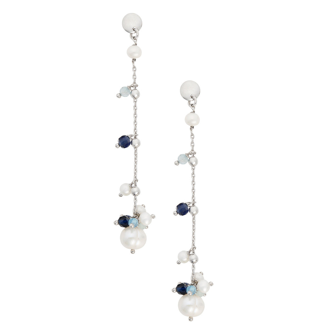 Comete Earrings in 925‰ Silver with Aquamarine, blue stones and freshwater pearls ORA221