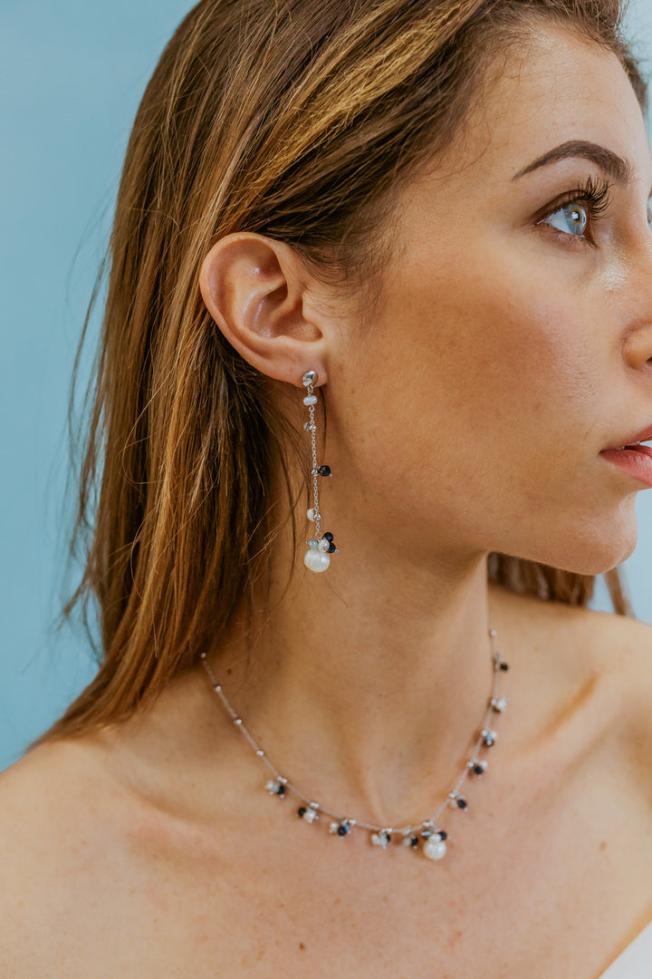 Comete Earrings in 925‰ Silver with Aquamarine, blue stones and freshwater pearls ORA221