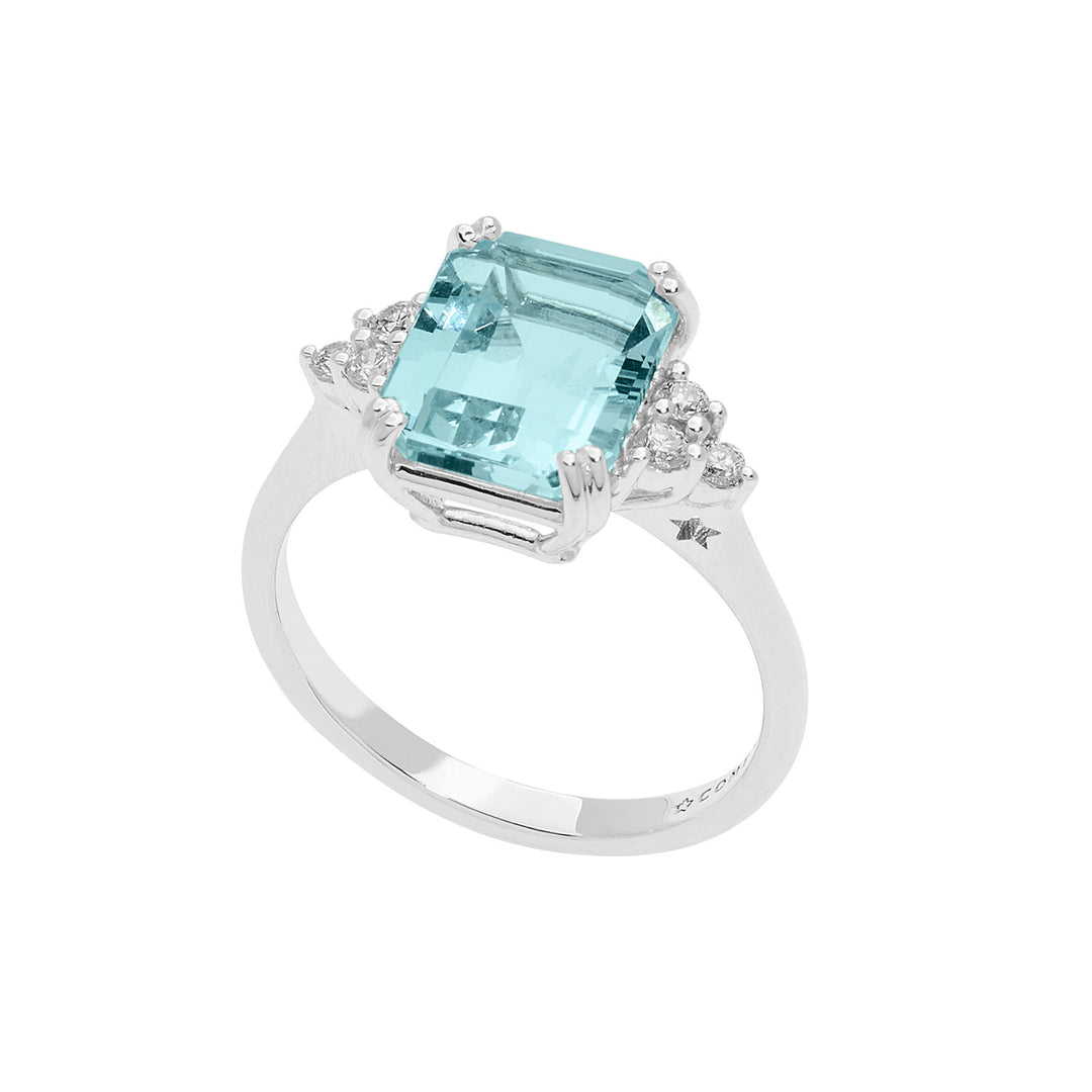 Comete guldring med diamanter og ottekantet akvamarin ANQ337