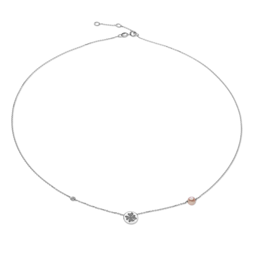 Comete-Halskette aus Weißgold mit vierblättrigem Kleeblatt und rosa Perle GLP503