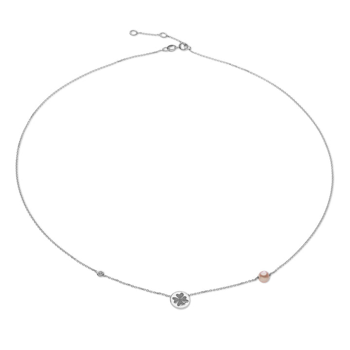 Comete-Halskette aus Weißgold mit vierblättrigem Kleeblatt und rosa Perle GLP503