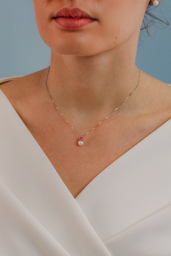 Comete rund halskæde i guld, perler og pink topaz GLP617