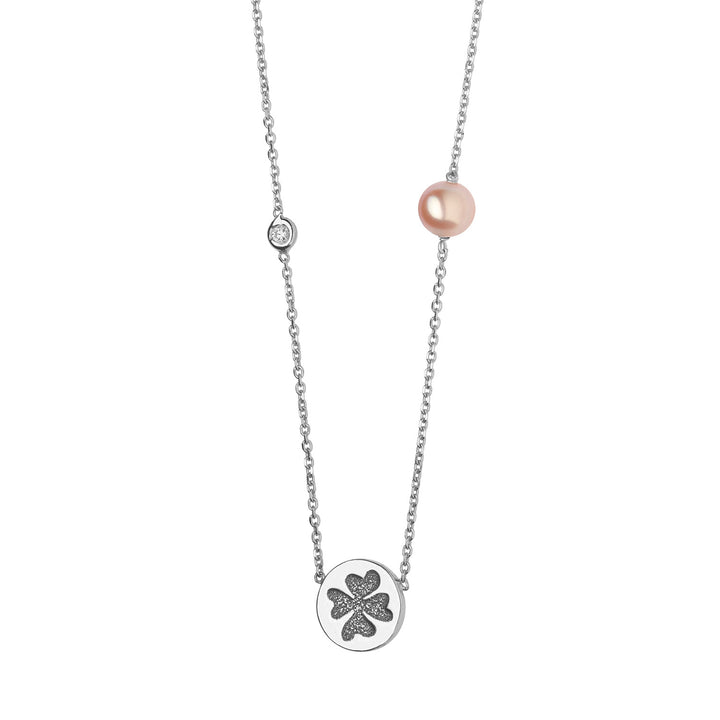 Comete-Halskette aus Weißgold mit vierblättrigem Kleeblatt und rosa Perle GLP503