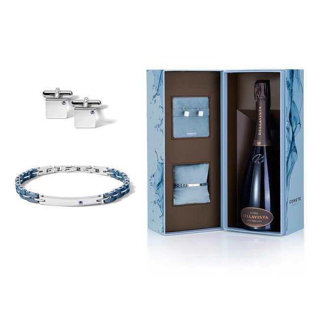 Comete Regalo Divino Kit steel ceramic bracelet and blue sapphire cufflinks KITGVZAF