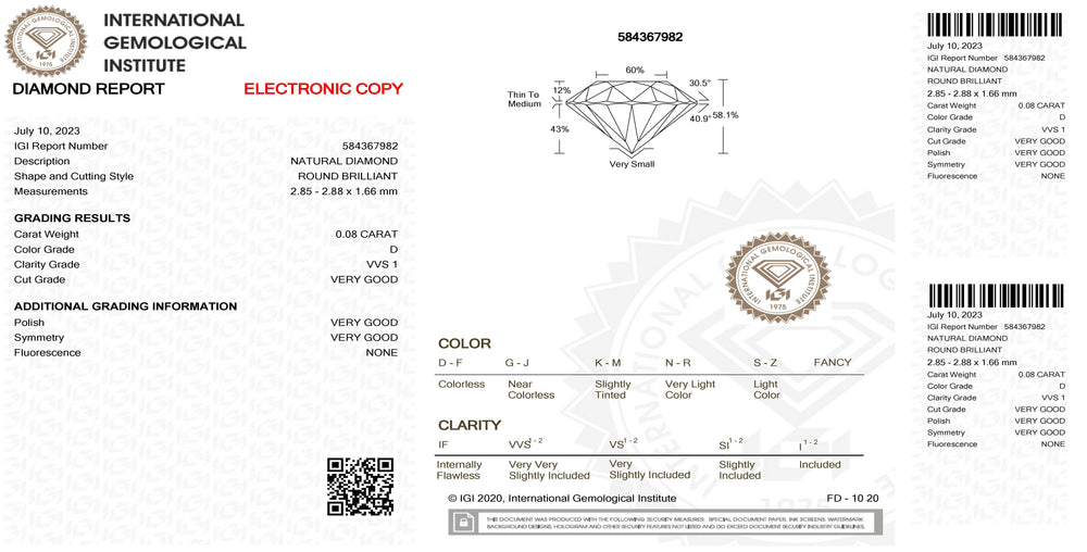 IGI diamante in blister certificato taglio brillante 0,08ct colore D purezza VVS 1 - Capodagli 1937