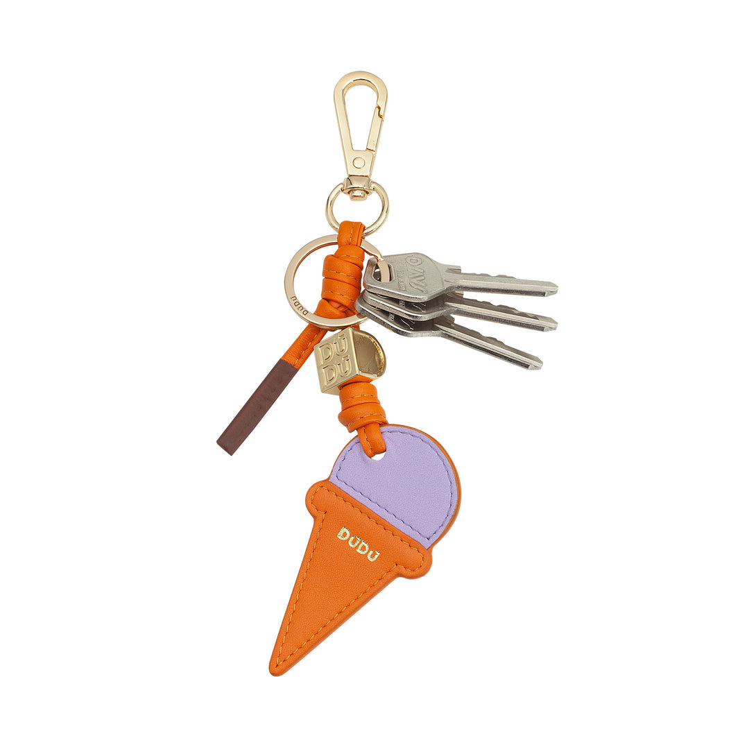 Dudu leather key ring with ice cream cone, keychain men woman, with ring and carabiner, summer keychain design