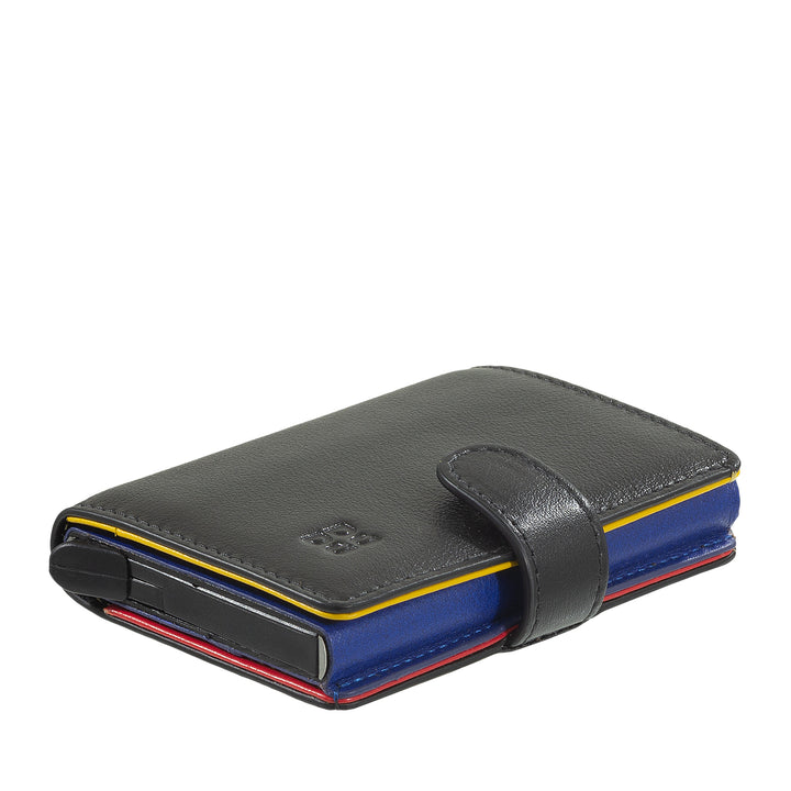 DUDU WALLE RFID MEN'S LEATHER REGISTER, Small miniwallet with aluminum cardprotector, banknotes and button closure