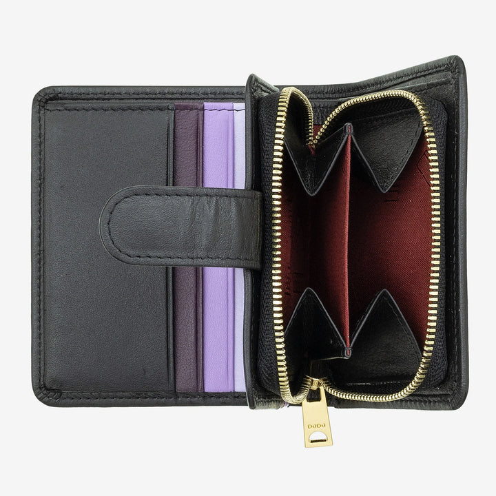 DUDU Kleine Damen-Geldbörse aus Leder mit Reißverschluss, Münzbörse, kompakte Geldbörse mit Knopfverschluss, Geldscheinhalter, Kartenhalter und RFID-Schutz