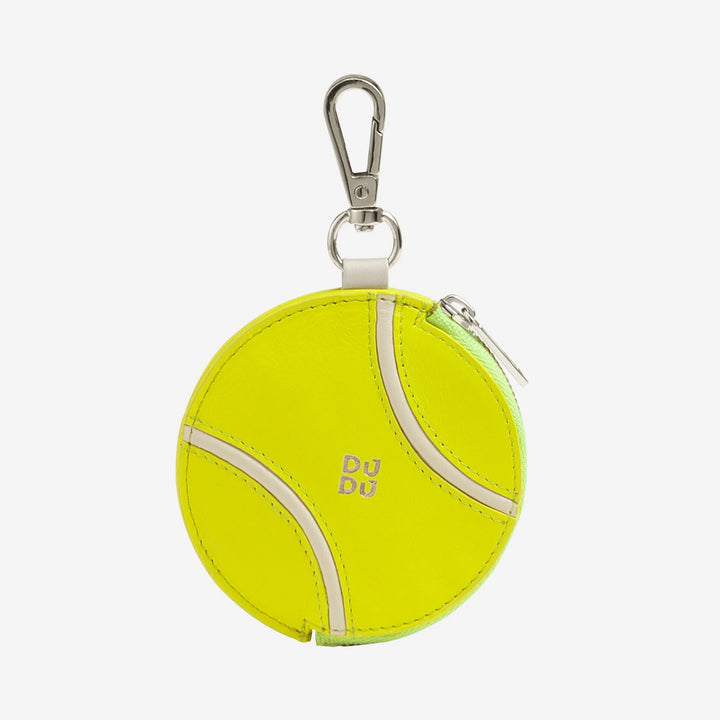 DUDU Münzgeldbörse in Tennisballform aus echtem Leder mit Reißverschluss, limitierte Auflage, mit Karabiner, exklusives Design, Gelb