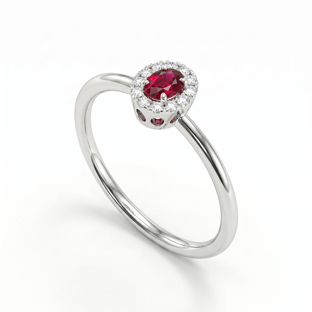 Mikiko an 18k 4x3 oval ruby with diamond outline and smooth shank MA5233O4RBN