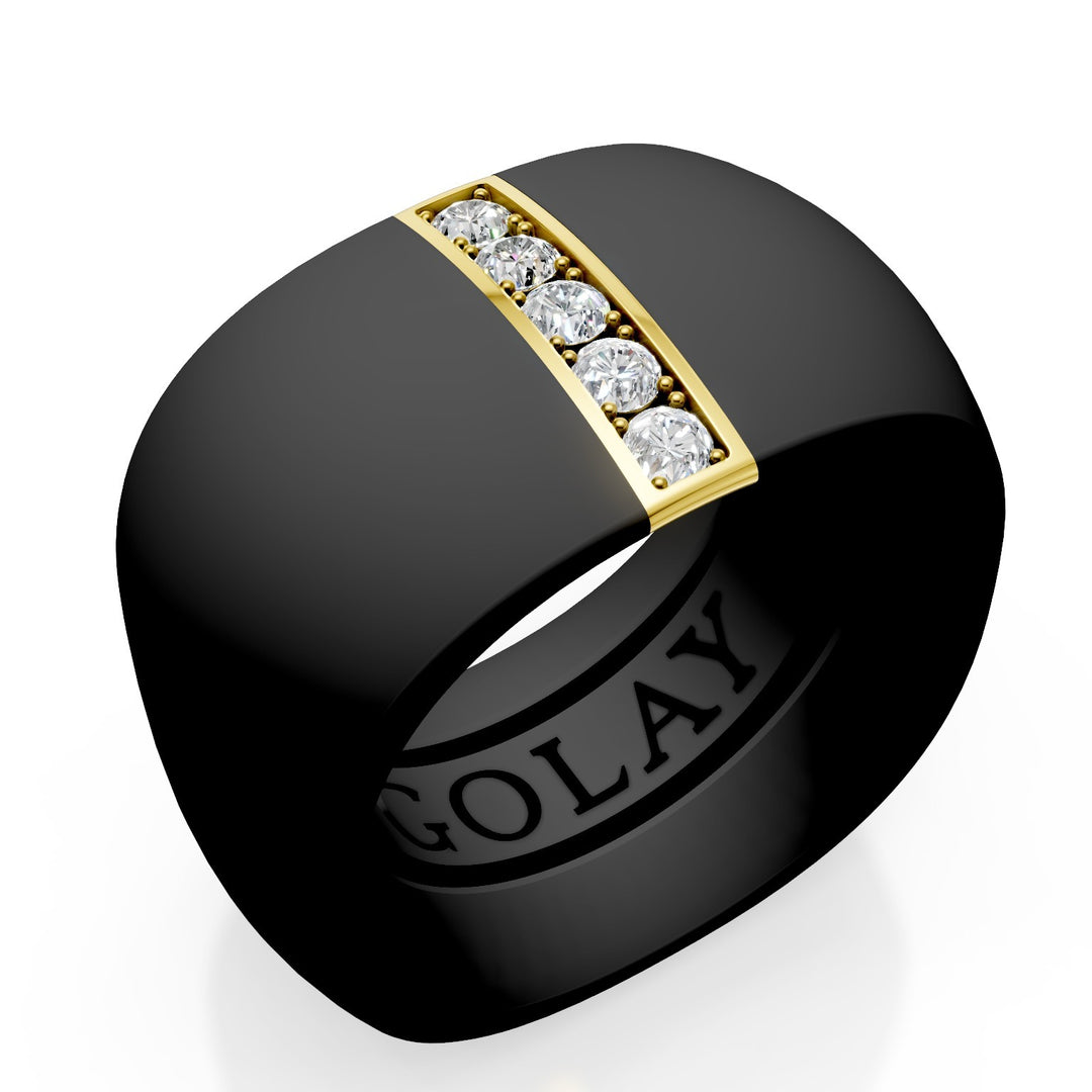 Golay black titanium band ring with 18k yellow gold linear insert set with diamonds, size 14, with internal spring for reduction GAN027O1DINE-14