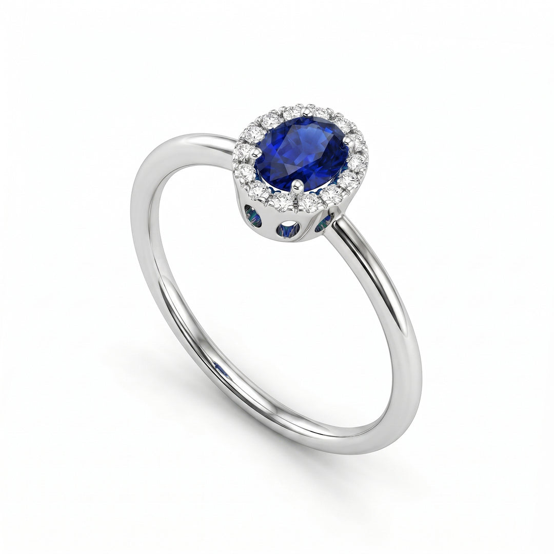 Mikiko en 18k oval safir 5x4 med diamantkontur og glat skaft MA5234O4ZFD